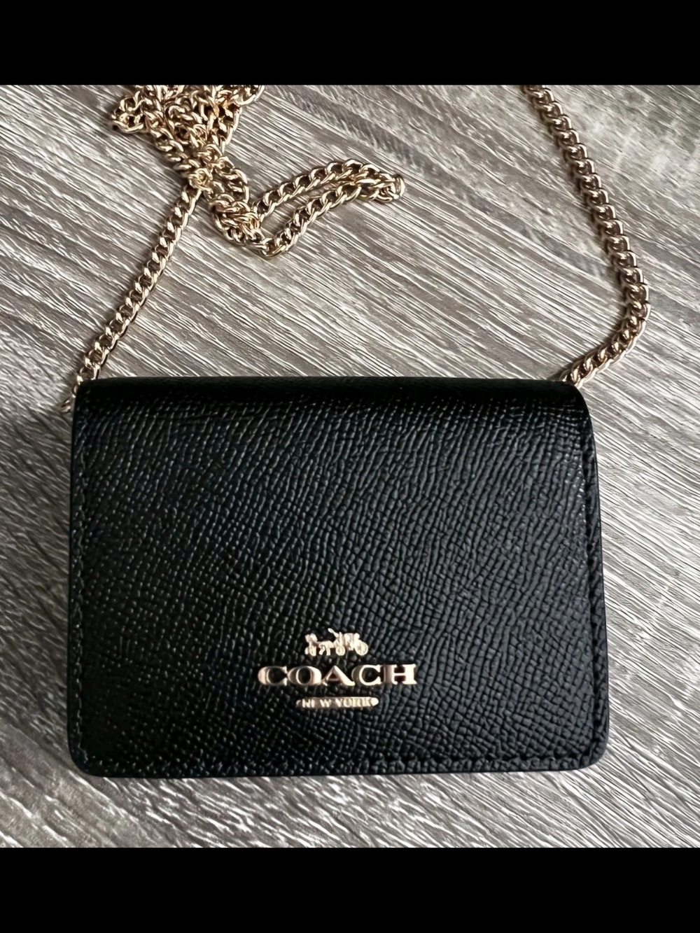 Coach Black Leather Crossbody Wallet with Gold Chain Strap